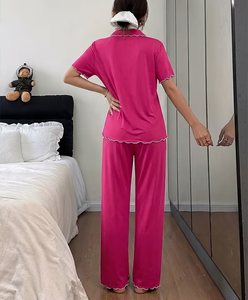 Women Pink Knitted Breathable Jersey Pajama Set Short Sleeve Button Front V-neck Solid Color Sleepwear Two Piece Casual Homewear - Product Image 6