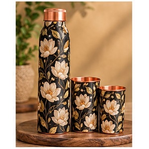 Handpainted Black Gold Floral <b>Copper</b> <b>Water</b> <b>Bottle</b> with 2 Matching Cups Double Wall Travel Drinkware Set - Product Image 1