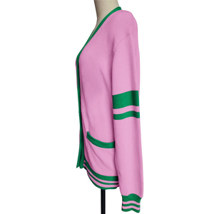 Women's Pink Green Striped V-Neck Cardigan Full Sleeve Preppy Style Knitted Open Front With Pockets Autumn Winter Wear - Product Image 6