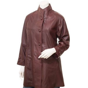 Elegant Women's <b>Long</b> Brown Genuine <b>Leather</b> <b>Jacket</b> Stand Collar Three Quarter Sleeve Autumn and winter Wear - Product Image 2