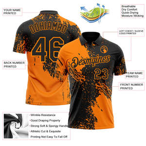 Yourteams Custom Sublimated <b>Baseball</b> Polo Shirt Men's Moisture Wicking Short Sleeve Performance Wear Orange Black Design - Product Image 3