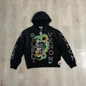 Sweat à capuche zippé brodé Silent Venom pour homme, coupe oversize, style streetwear, en molleton de coton noir personnalisé, tricoté pour l'hiver - Product Image 1