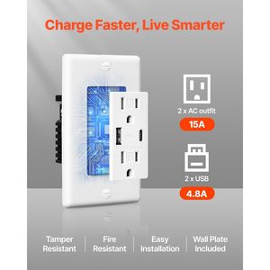 Station de charge murale USB 24 W 15 A, prise électrique anti-effraction, 1 port Type C, 1 port Type A, 2 prises CA à trois broches - Product Image 2