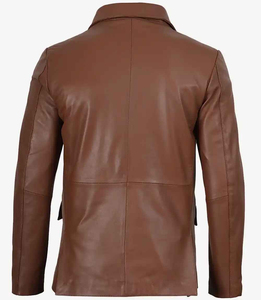 Men Brown Leather <b>Blazer</b> Notched Collar Single Breasted Regular Fit Full Length Sleeve With Front Two Pockets - Product Image 2