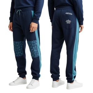 Pantalon empilé pour homme moderne, motif grille océanique, avec imprimé géométrique intense et design streetwear décontracté en coton premium - Product Image 2