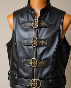 Men's <b>Black</b> Leather Buckle <b>Vest</b> Stand Collar Zipper Closure Outerwear - Product Image 1