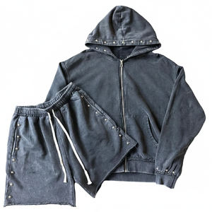 Glory Custom Wholesale Heavyweight Cotton Vintage Stone Acid Wash Cropped Boxy <b>Zip</b> up Hoodie and Sweat <b>Shorts</b> Set - Product Image 3
