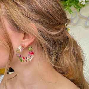 Handmade Epoxy <b>Resin</b> Hoop Earrings With Floral Embedding Round Shape Lightweight Jewelry Crafted With <b>Resin</b> <b>Crafts</b> - Product Image 2