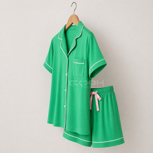 Cosh International Alpha Kapa Custom Logo <b>Green</b> Short Sleeve Pajama Set With White Trim Button Front Casual Sleepwear 2 Piece - Product Image 4