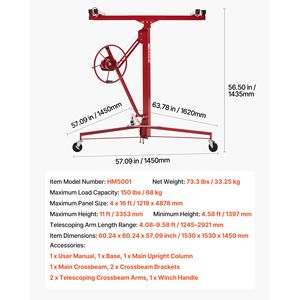 Sollevatore per Cartongesso da 11 Piedi, Capacità 150 Libbre, Braccio Telescopico Regolabile, Ruote Bloccabili, per Costruzioni - Product Image 5
