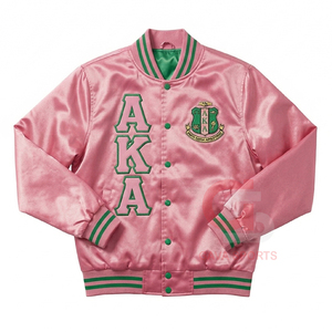 CustomizedAKA Made Size High Quality Women's Satin GREEK AKA JACKET pink green embroidery applique sorority and lady crop jacket - Product Image 1