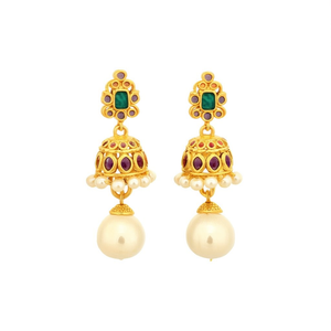 24K Gold Plated Pearl Drop Jhumka Earrings-Vintage Ethnic Religious Design - Product Image 1