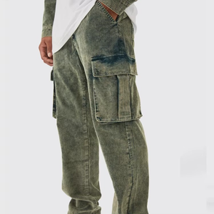 Mens Olive <b>Green</b> Acid Wash <b>Corduroy</b> Cargo Pants Relaxed Fit Wide Leg Multi Pocket <b>Trousers</b> Customized Logo Vintage Streetwear - Product Image 1
