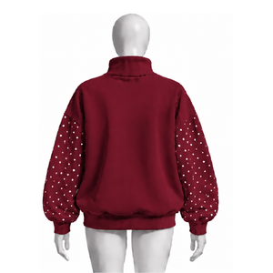 Maroon Oversized <b>Women</b> Mock Neck Sweatshirt Pearl Studded Sleeve Pullover Loose Fit Casual Streetwear Long Sleeve <b>Winter</b> <b>Top</b> - Product Image 2