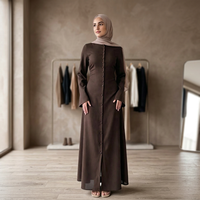 Abaya longue marron à manches longues pour femme, col montant, robe modeste, couleur unie, polyester, usage quotidien, style Moyen-Orient
