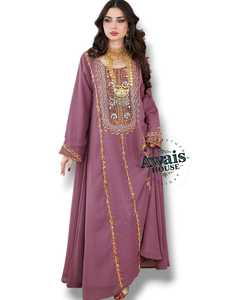 Awais House Women's Maroon <b>Chiffon</b> Floor-Length Abaya Beaded Embroidery Sheer Layer Modest Evening/Formal Natural Waist Long - Product Image 6