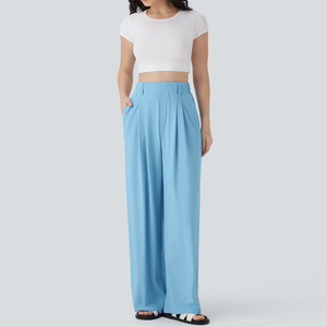 Pantalones de Pierna Ancha de Cintura Alta para Mujer, Color Sólido, Plisados, Corte Holgado, Largos, Tela Crepé, Estilo Casual de Verano, Cintura Elástica - Product Image 2