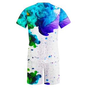 Men's Casual Short Sleeve T-<b>Shirt</b> And Shorts Set Digital Printed Colorful Ink Pattern Breathable <b>Polyester</b> Summer Wear - Product Image 2