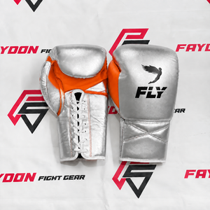 Fly New Model Silver & <b>Green</b> Custom Made Professional Genuine Leather Boxing Gloves <b>Laced</b> Up Hook & Loop Sparring Gloves - Product Image 2