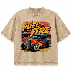 T-shirt Homme Oversize Col Rond Manches Courtes Délavé à l'Acide Beige avec Imprimé Lettres « Fuel the Fire » Style Streetwear 100% Coton Respirant - Product Image 5