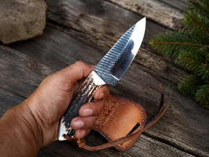 Couteau de cowboy artisanal en acier raspé, manche en corne de taureau, lame fixe, étui en cuir, utilitaire, personnalisable, OEM, DIY, EDC - Product Image 4