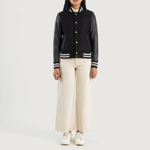 Veste universitaire unisexe noire en PU avec manches en cuir, col rabattu, fermeture à boutons, style preppy, vêtement d'automne - Product Image 6