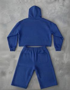 Ensemble de survêtement bleu marine pour homme avec veste zippée à col montant et imprimé lettres, et short – Tenue de sport deux pièces - Product Image 4
