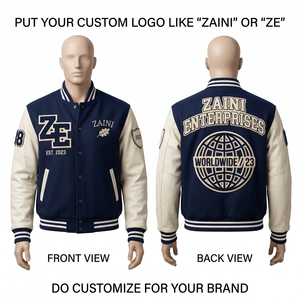 Veste varsity unisexe pour homme en coton et laine/polyester 450 GSM de qualité supérieure, coupe-vent, col montant, corps bleu marine, manches blanches contrastées - Product Image 1