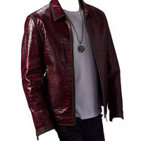 Veste moto en cuir gaufré crocodile rouge pour homme, col rabattu, fermeture éclair, coupe ajustée, pour l'automne