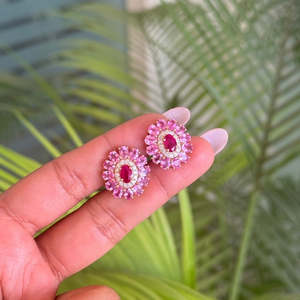 14K Gold Natural Pink Sapphire and Ruby Contemporary <b>Fine</b> Stud <b>Earrings</b> - Product Image 3