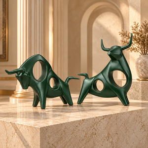 Ensemble de 2 sculptures abstraites de taureau |   Figurines de taureau vertes modernes avec cornes pour salon, bureau, console, étagère, table, décoration intérieure - Product Image 4