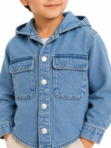 Chaqueta de Mezclilla con Capucha para Niños, Chaqueta Casual Azul con Botones, Abrigo con Capucha de Algodón Suave, Ropa Exterior Ligera para Niños - Product Image 4