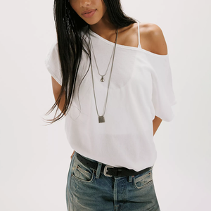 Women's Off Shoulder <b>White</b> T-Shirt Short Sleeve Loose Fit Asymmetric Design Cotton Jersey Casual Inside-Out Raw Edge Women <b>Tees</b> - Product Image 1