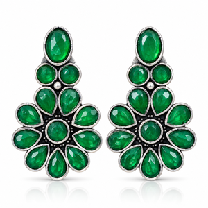 Pendientes de Plata Oxidada con Latón y Ónix, Diseño Floral Vintage para Mujer |   Joyería de Moda Étnica India Hecha a Mano - Product Image 1