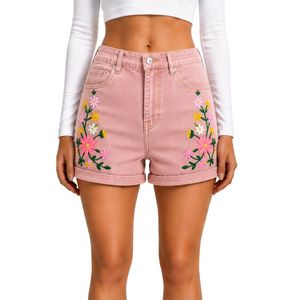 Shorts de Mezclilla de Cintura Alta para Mujer en Color Rosa Rubor con Bordado Floral Colorido, Shorts Casuales de Verano, Personalizados OEM ODM, a la Moda - Product Image 1