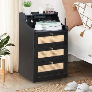 Comodino in Truciolato Nero con Maniglia Dorata Affusolata 45*35*73cm, Tre Cassetti in Rattan, Comodini con Scomparti - Product Image 3
