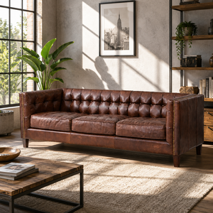Canapé 3 places en cuir véritable de luxe, accoudoirs carrés, capitonné à la main, cuir marron, meubles de salon, design moderne - Product Image 4