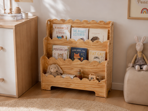 Scandinavian style 3 tier wooden bookshelf with wavy edges crafted from American <b>pine</b> for bedrooms and modern homes. - Product Image 1