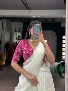 Lehenga rose pour femme, tenue de soirée, avec blouse semi-couturée (blouse non cousue) - Product Image 6