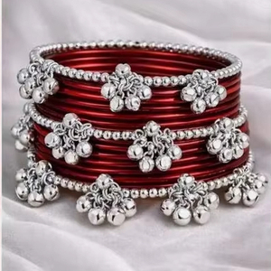 .Colorful Stylish Vibrant Brown Silver Plated Trendy Geometric <b>Glass</b> <b>Bangles</b> Imitation Pearl Churiyan Set for Wedding Party Wear - Product Image 1