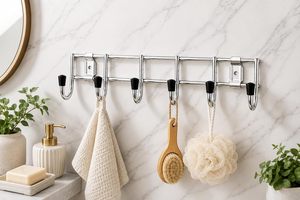 Wall Mount Rectangle Hook Rack <b>6</b> Hooks Solid Color Polished Stainless Steel Black Tips Model K-011S-<b>6</b> Bathroom Towel Soap Brush - Product Image 1