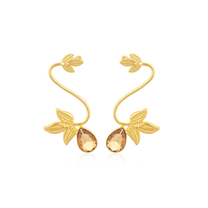 Boucles d'oreilles pendantes en laiton plaqué or avec serti clos en pierre gemme Citrine Hydro, bijoux de mode faits à la main et tendance pour femmes - Product Image 1