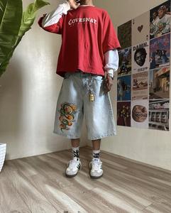 Shorts en jean personnalisés pour hommes avec broderie machine, respirants et infroissables, motif patchwork coupe-vent, style streetwear - Product Image 6