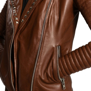 Custom Women's Vintage Ribbed Sleeves Slim Fit Design Distressed Brown Handmade Studded <b>Sheep</b> <b>Skin</b> Lightweight <b>Jackets</b> Wholesale - Product Image 6