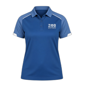Zeta Phi Beta <b>Polo</b> <b>Shirt</b> Women <b>Royal</b> <b>Blue</b> Heather Raglan Sleeve White Piping Embroidered Greek Letter Moisture Wicking Sorority - Product Image 3