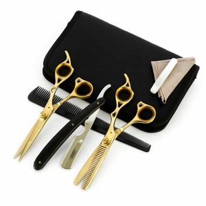 Professional <b>Hot</b> Selling Gold Plated Japan Stainless Steel Right-Handed Long Handle Hair Cutting Barber Scissors Set <b>Comb</b> Razor - Product Image 2