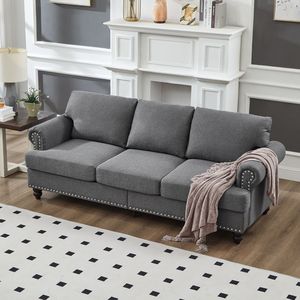 Divano Moderno Classico 2+3 Posti in Tessuto Grigio per Soggiorno, Rivestito in Poliestere con Design a Borchie - Product Image 5