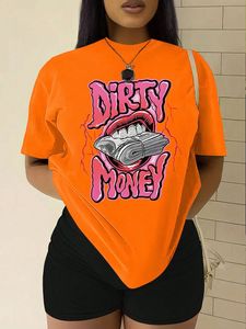 Camiseta Naranja para Mujer, Estampado Dirty Money, Ecológica, Ligera, Cuello Redondo, Corte Ajustado, Estilo Urbano, Manga Corta - Product Image 1