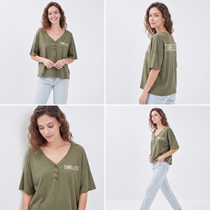 T-shirt d'été décontracté pour femme en jersey de coton imprimé à col en V, coupe ample, manches courtes, écologique, séchage rapide, style streetwear - Product Image 4
