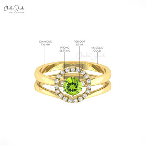 Anillo de Oro Sólido de 14k Hecho a Mano con Peridoto Redondo Genuino de 5mm y Halo de Diamantes, Joyería Fina Personalizada de Fabricante - Product Image 3